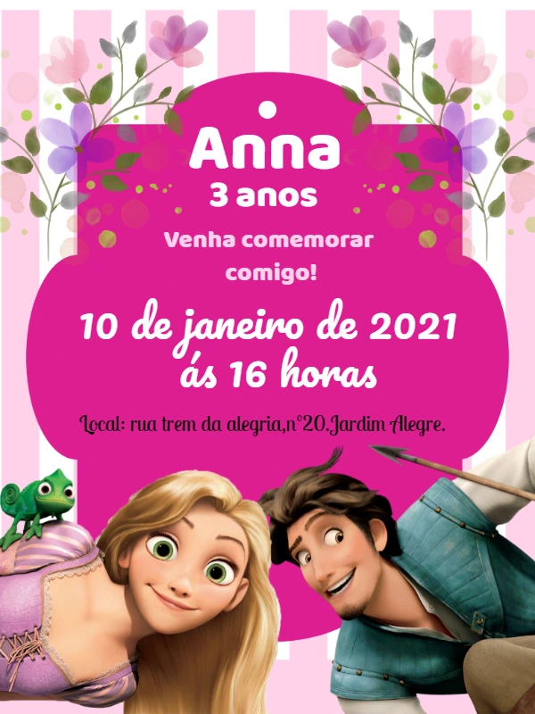 Convite Aniversário Enrolados com Rapunzel Editável Online