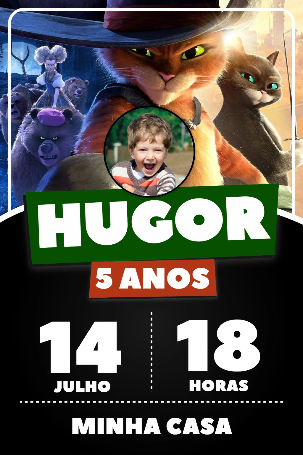 Convite Aniversário Gato de Botas com Foto para Editar