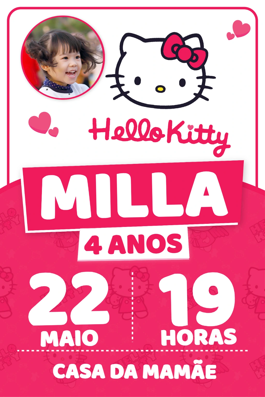 Convite de Aniversário Hello Kitty com Foto para Editar