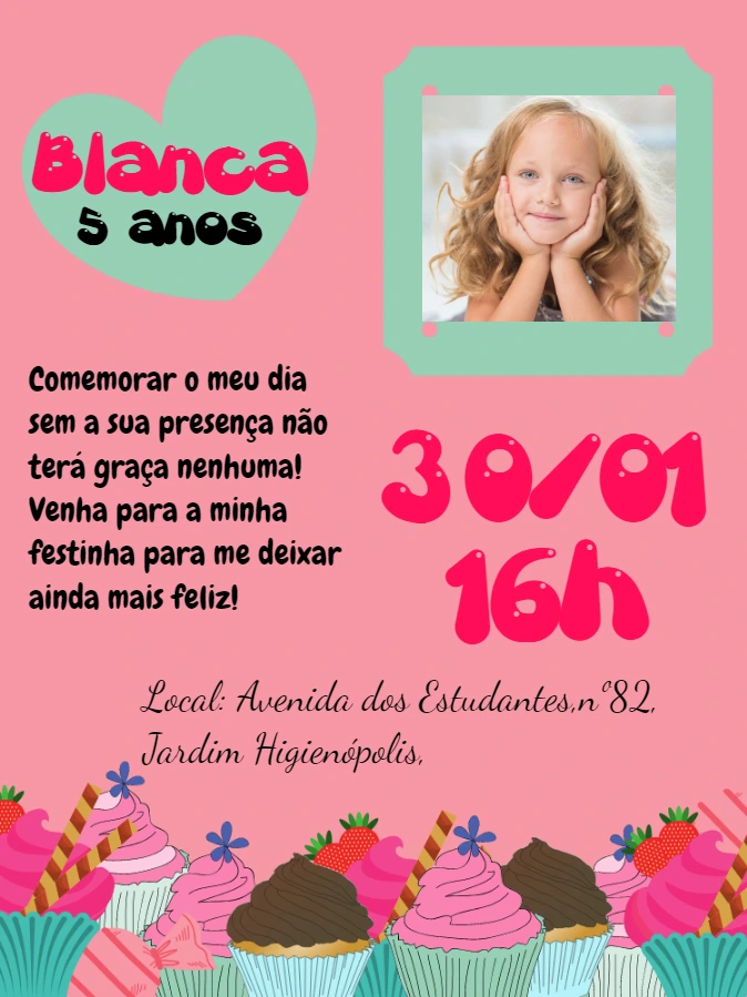 Convite Aniversário Festa Doces com Foto para Editar Online