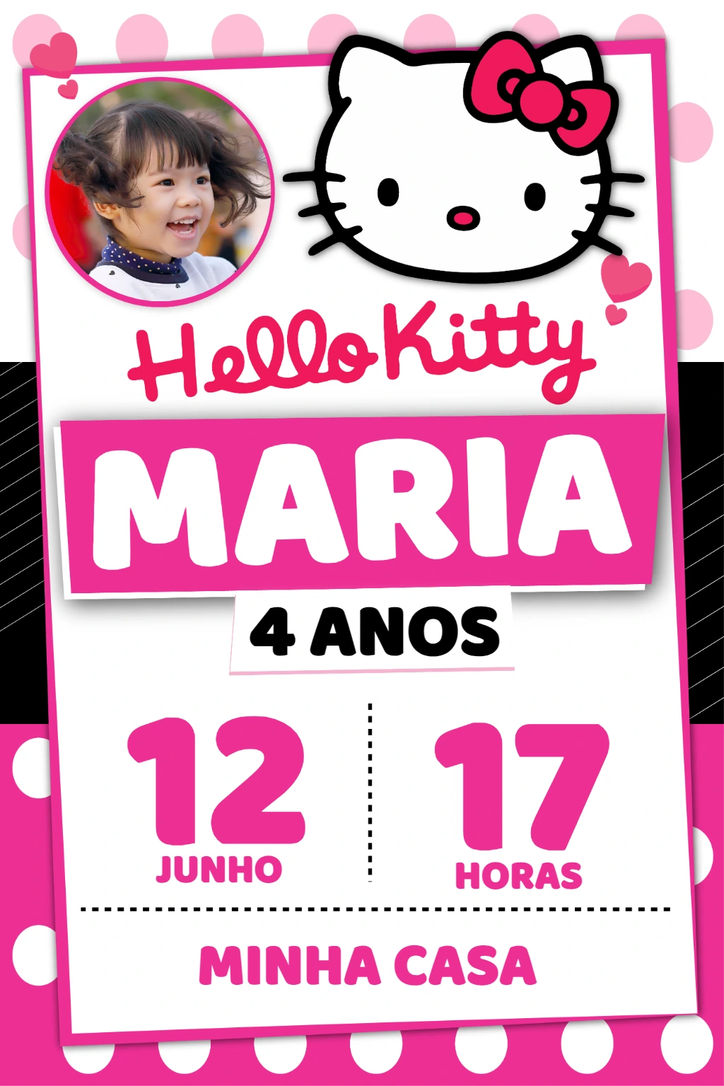 Convite de Aniversário Hello Kitty com Foto para Editar Online