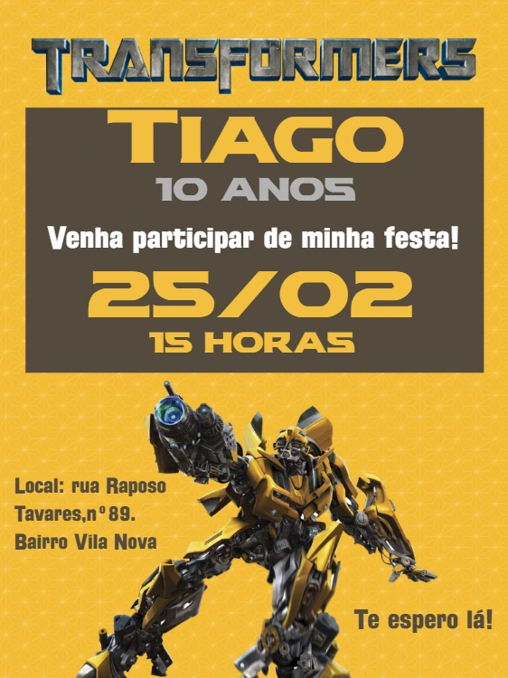 Convite de Aniversário Transformers com Personagens para Editar