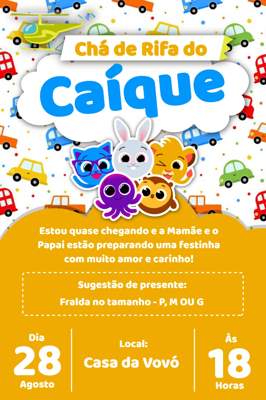 Convite Chá de Rifa Bolofofos com Personagens para Editar