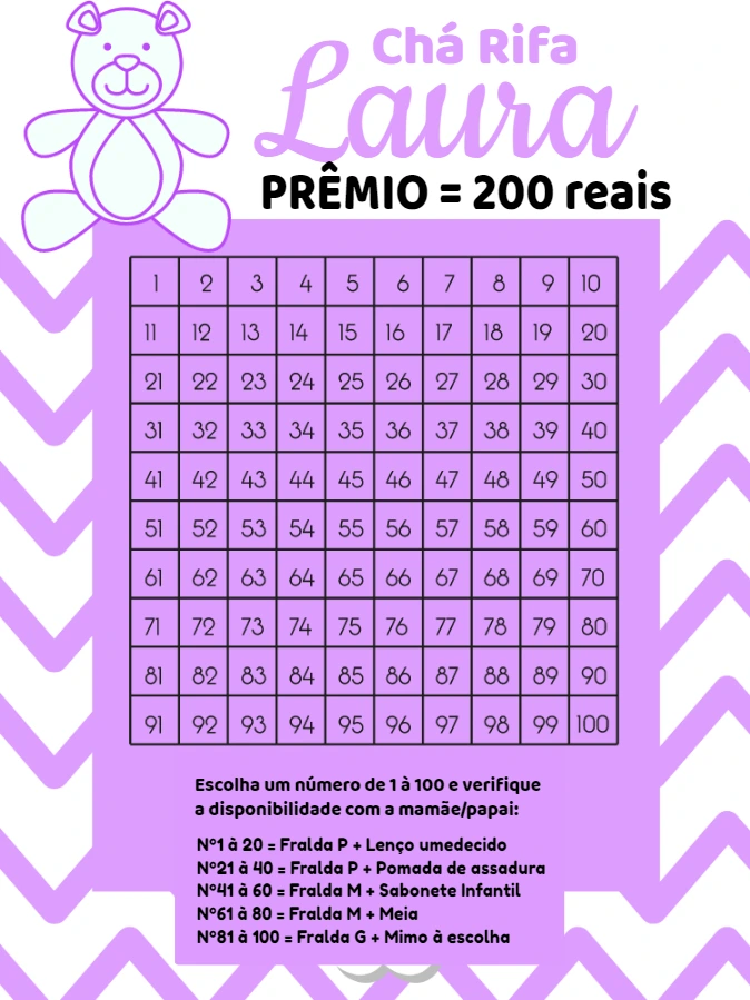 Chá Rifa Ursinha Lilás Editável Online para Menina