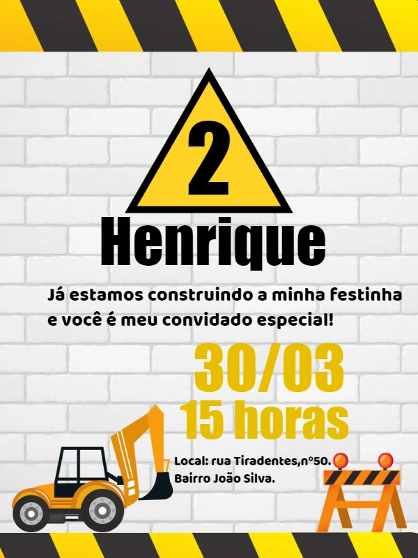 Convite de Aniversário Construção com Trator para Editar Online