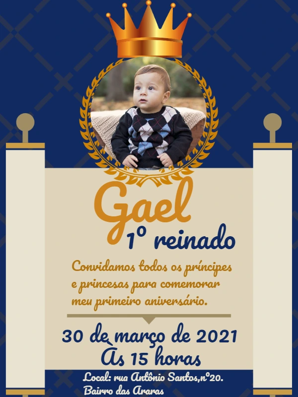 Convite Aniversário Primeiro Reinado com Foto para Editar Online