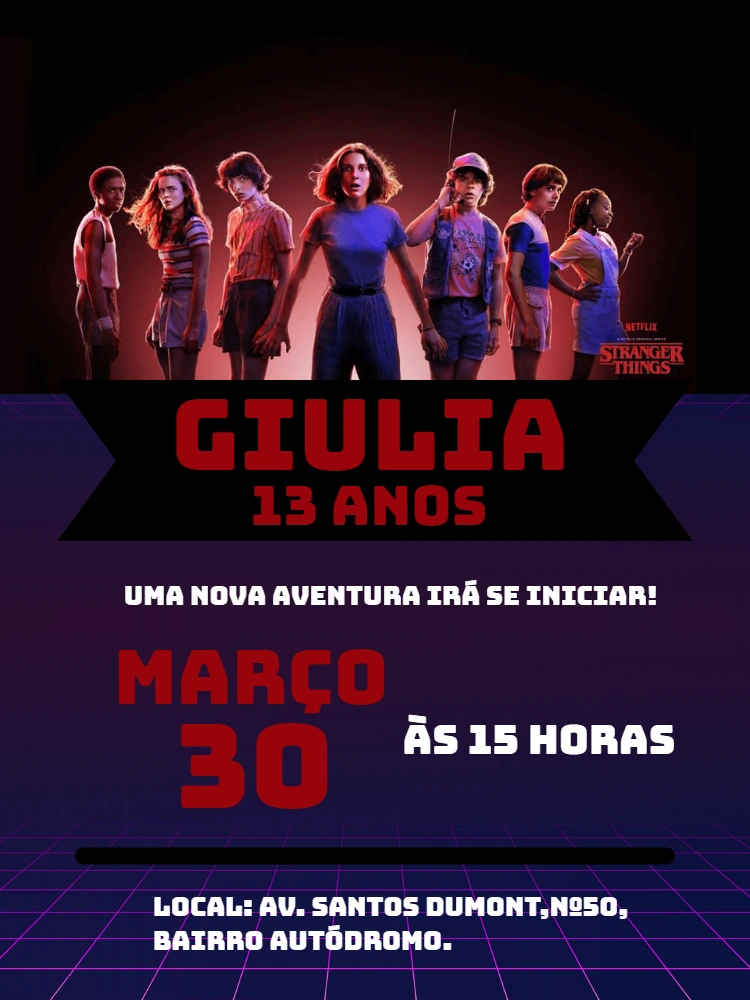 Convite de Aniversário Stranger Things com Personagens para Editar