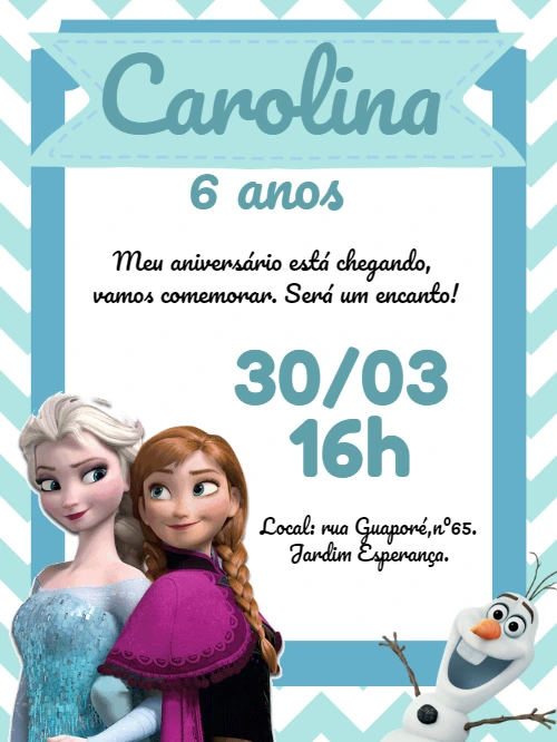 Convite de Aniversário Frozen com Personagens para Editar Online