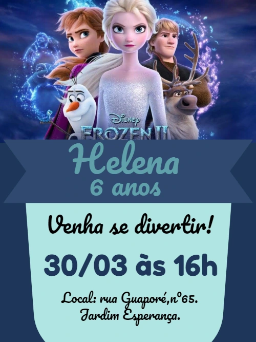 Convite Aniversário Frozen II com Personagens para Editar Online