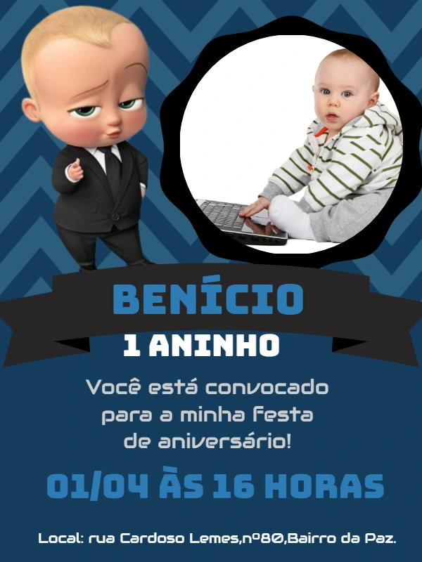 Convite Aniversário Poderoso Chefinho com Foto para Editar