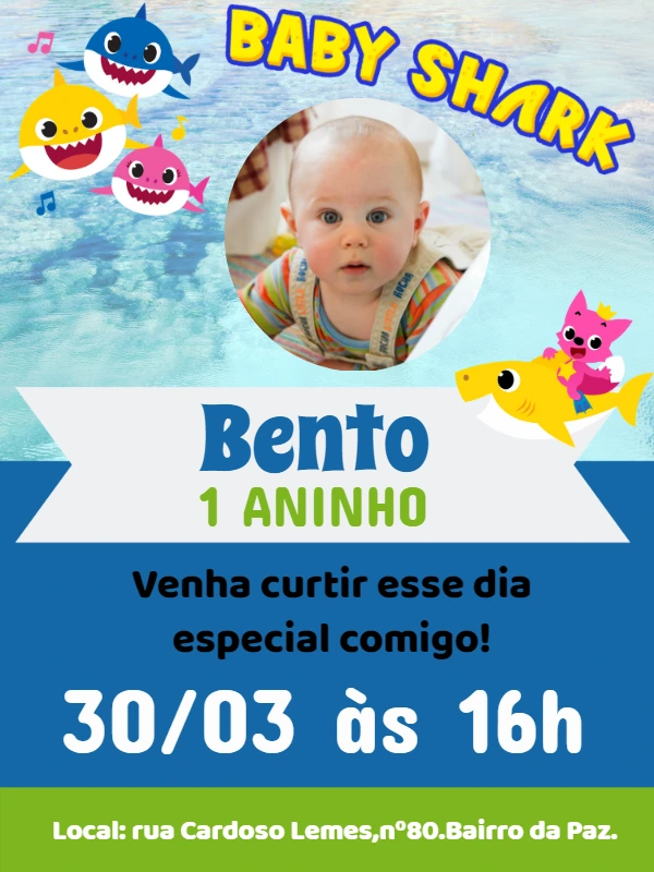 Convite Aniversário Baby Shark com Foto para Editar Online