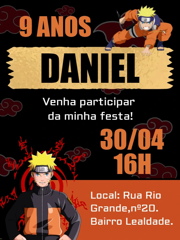 Convite de Aniversário Naruto com Personagens para Editar Online
