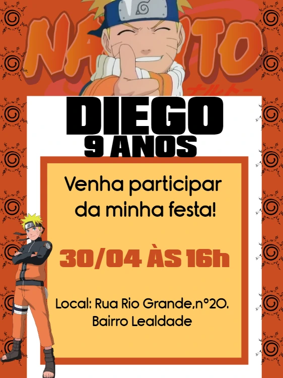 Convite de Aniversário Naruto Editável Online para Imprimir