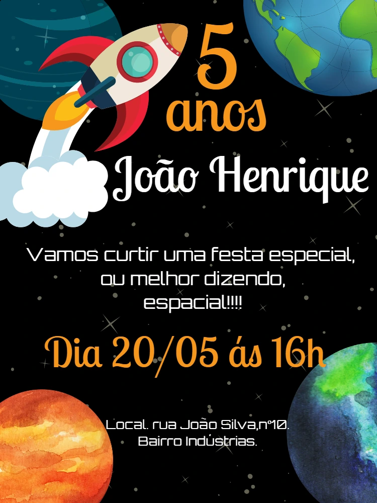 Convite de Aniversário Espacial com Foguete para Editar Online