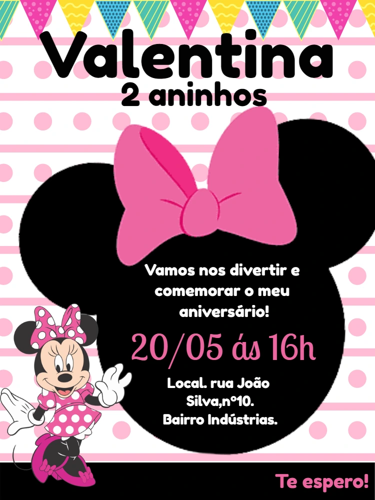 Convite de Aniversário Minnie Mouse Rosa para Editar Online