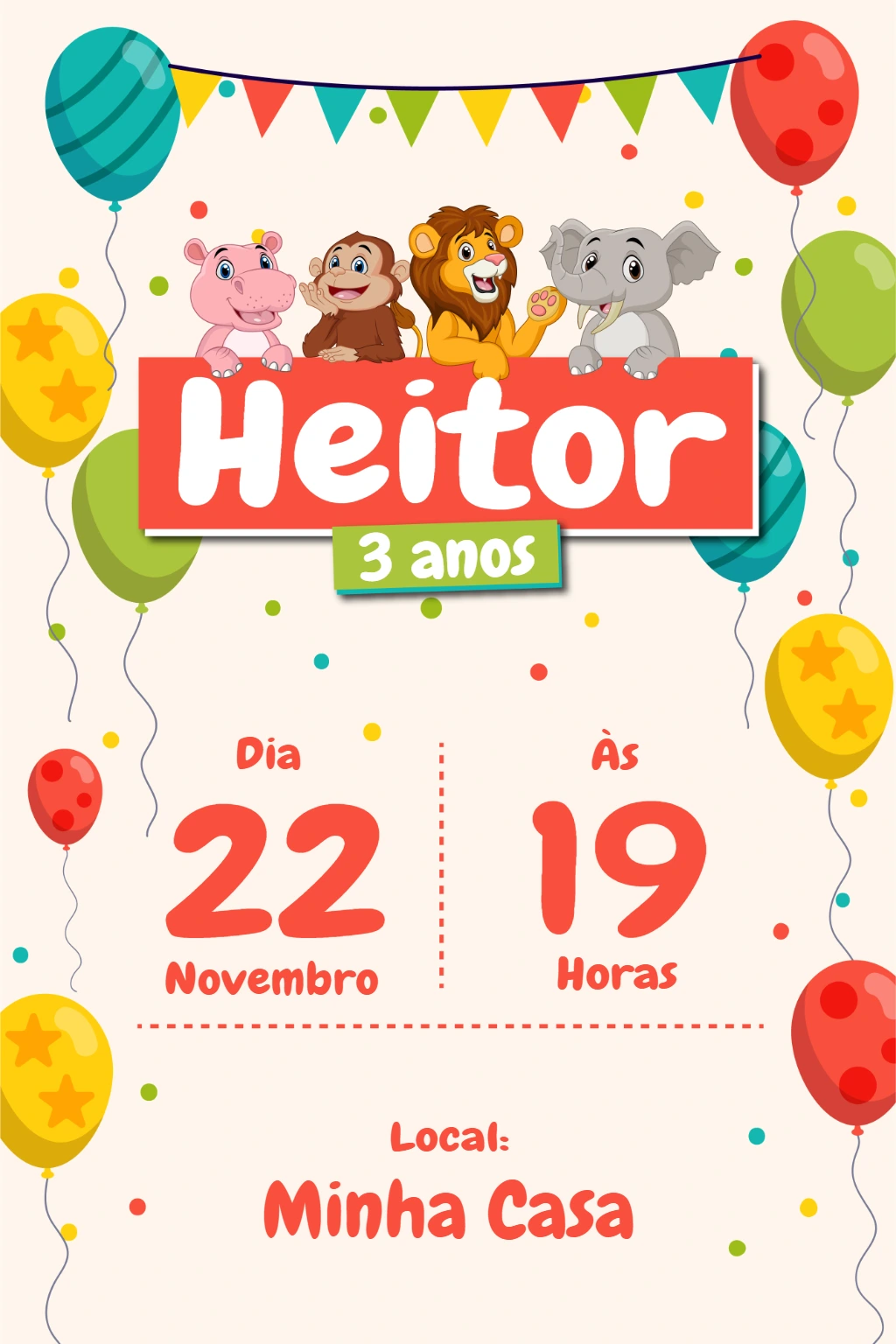 Convite de Aniversário Safari com Animais para Editar Online