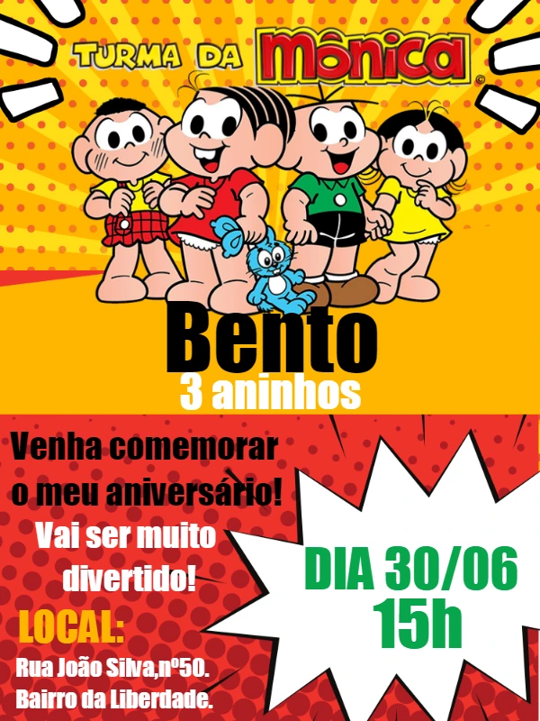 Convite de Aniversário Turma da Mônica para Editar Online