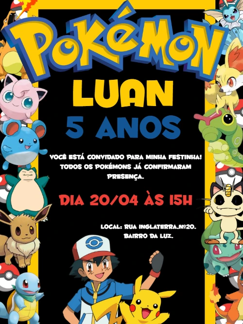 Convite de Aniversário Pokémon com Personagens para Editar Online
