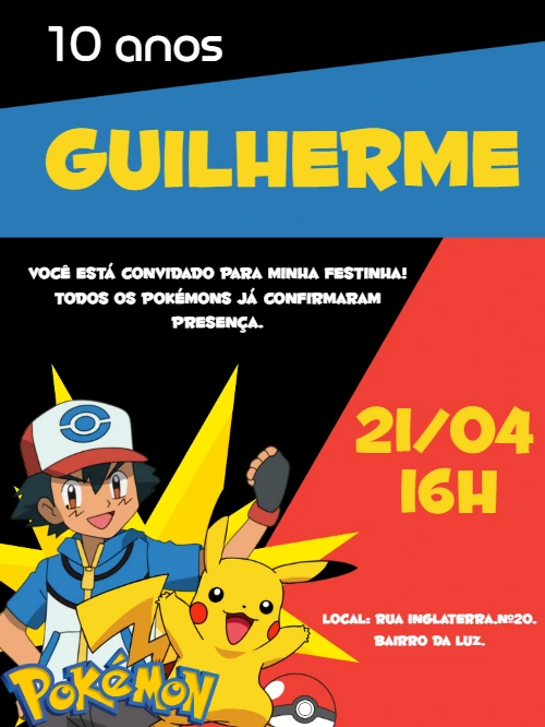 Convite de Aniversário Pokémon com Ash e Pikachu para Editar