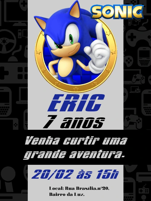Convite de Aniversário Sonic para Editar Online