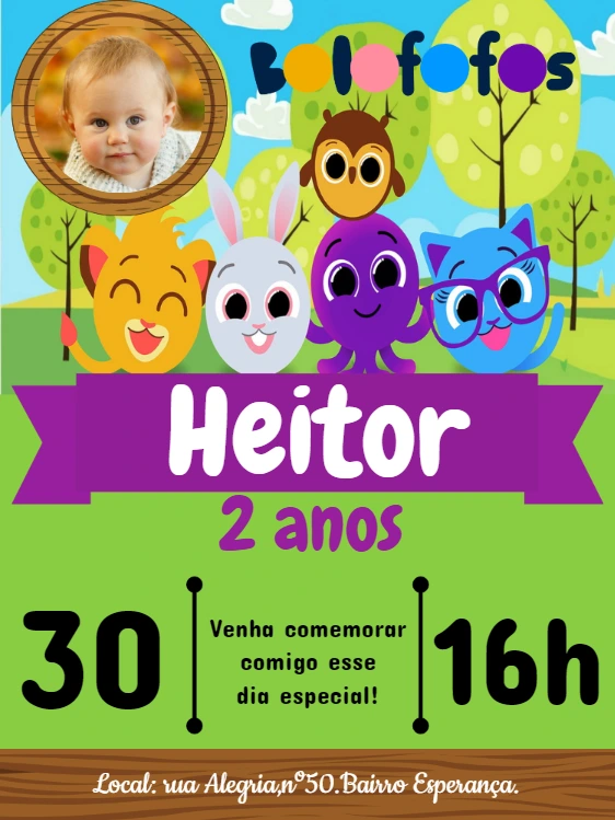 Convite Aniversário Bolofofos com Foto para Editar Online
