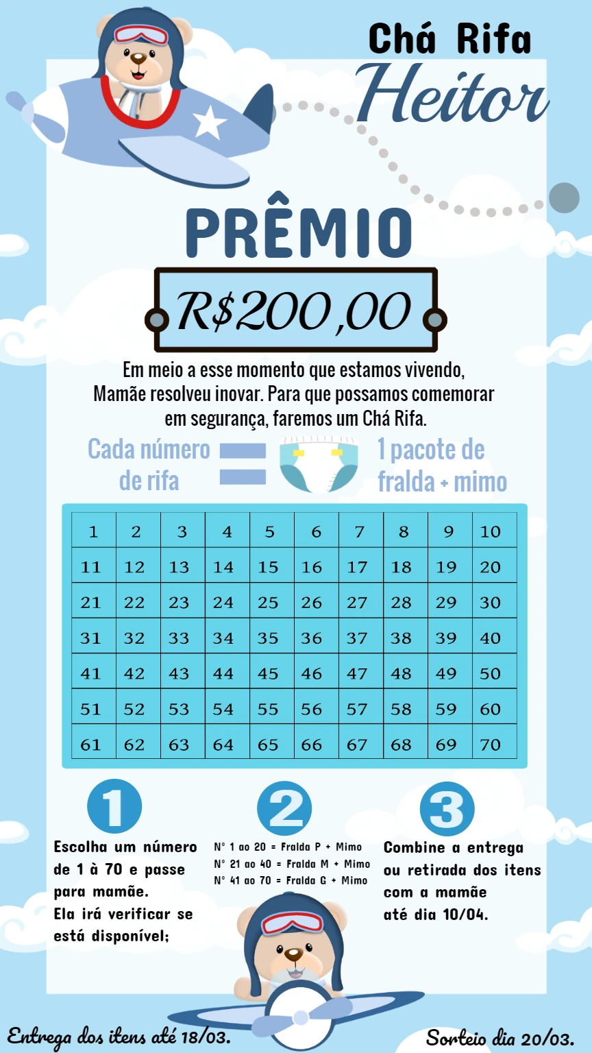 Convite Chá Rifa Ursinho Aviador Editável Online