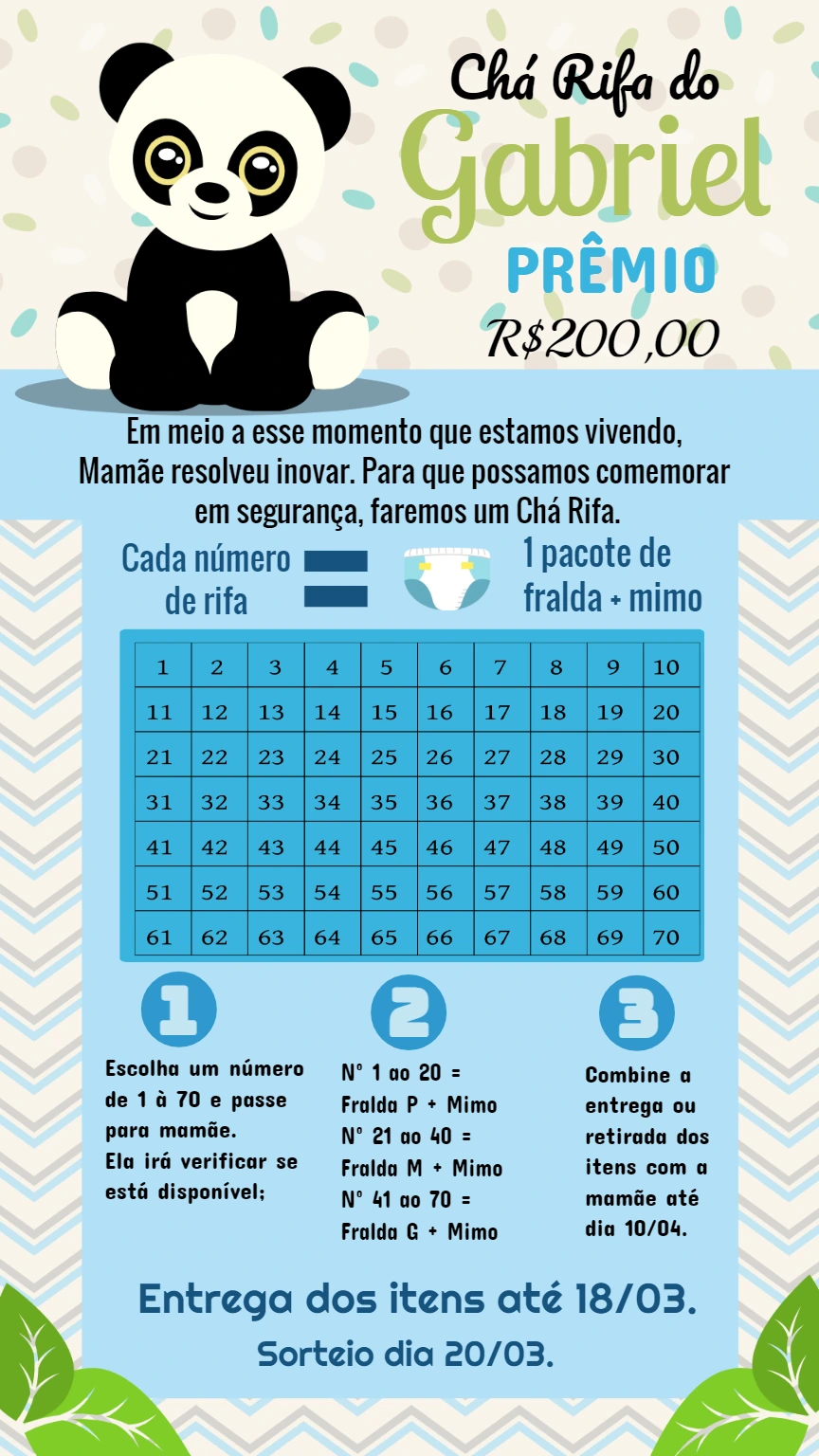 Chá Rifa Panda Menino Editável para Enviar Online