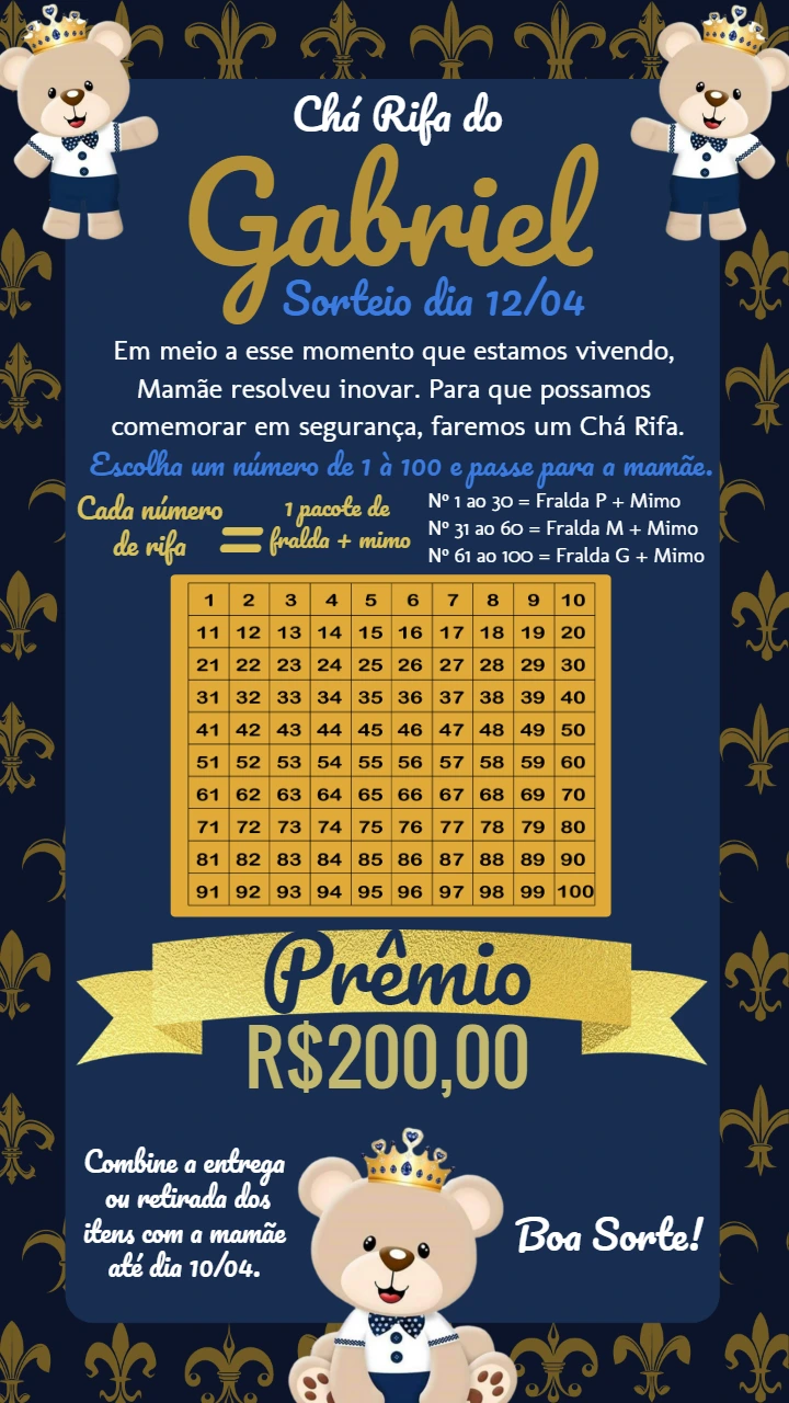 Convite Chá Rifa Ursinho Príncipe para Editar Online
