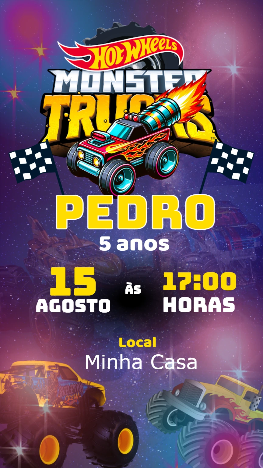 Convite Aniversário Hot Wheels Monster Trucks para Editar