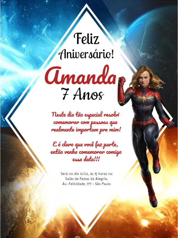 Convite de Aniversário Capitã Marvel para Editar Online