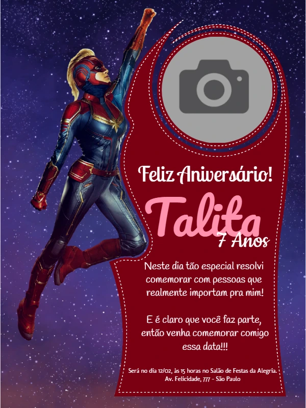Convite de Aniversário Capitã Marvel com Foto para Editar Online