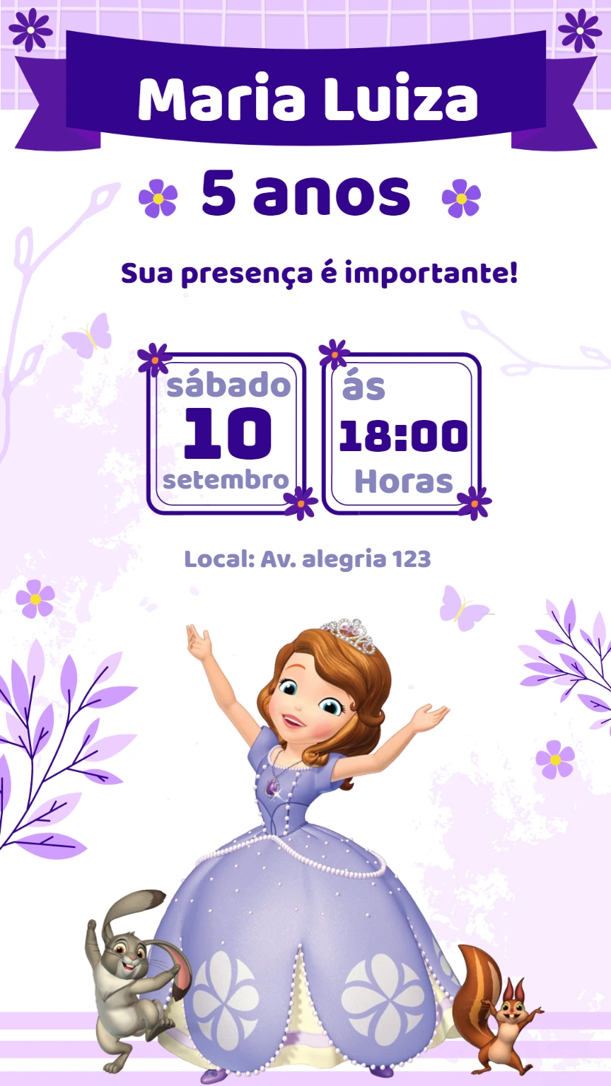 Convite Aniversário Princesinha Sofia para Editar Online