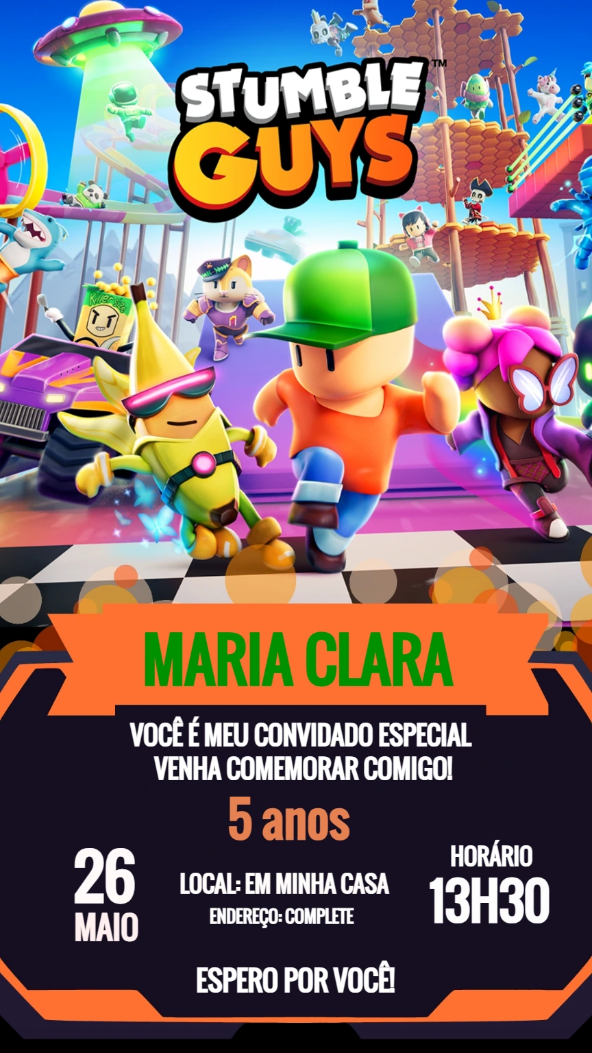 Convite de Aniversário Stumble Guys para Editar e Imprimir