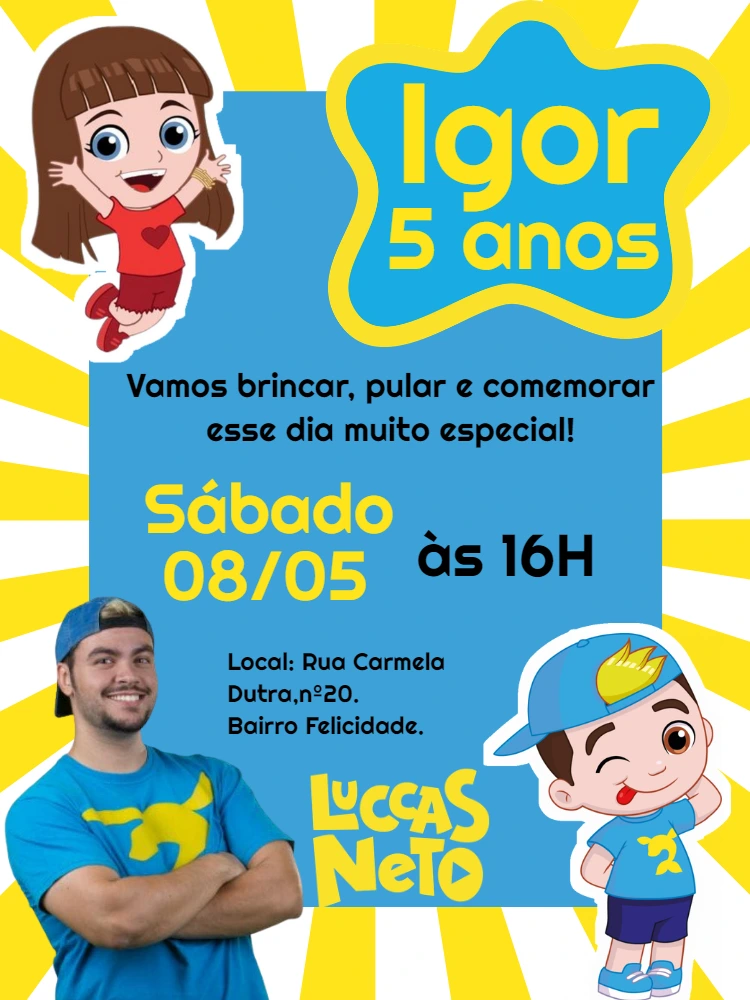 Convite de Aniversário Luccas Neto e Gi para Editar Online