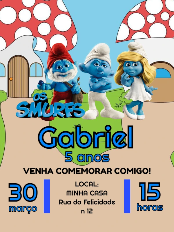 Convite de Aniversário Smurfs para Editar e Personalizar Online