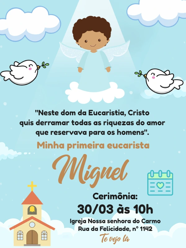 Convite Primeira Eucaristia Menino Anjo para Editar Online
