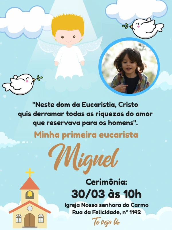 Convite Primeira Eucaristia Menino com Foto para Editar Online