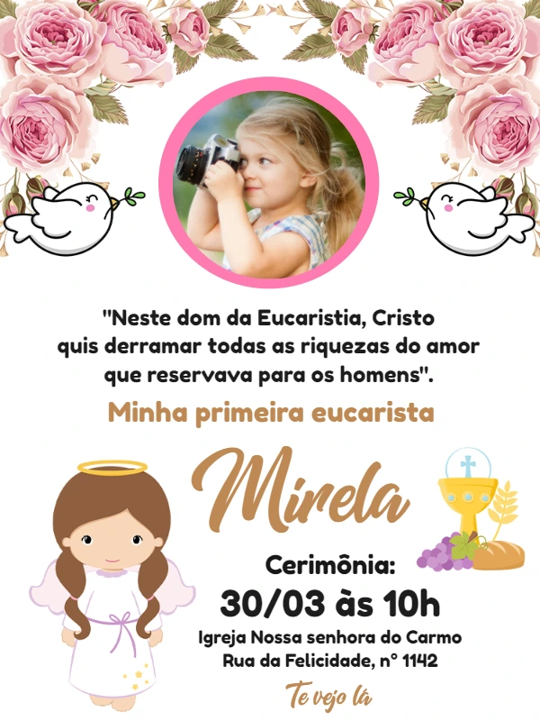 Convite Primeira Eucaristia com Foto Floral para Editar Online