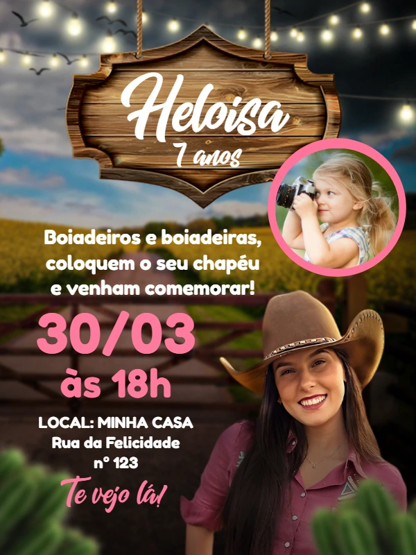 Convite de Aniversário Boiadeira com Foto para Editar Online