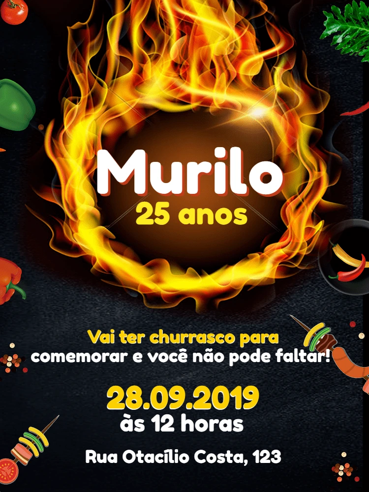 Convite de Aniversário Tema Churrasco com Fogo para Editar