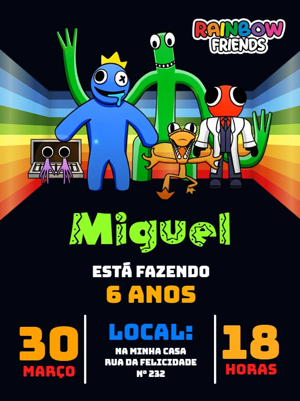 Convite de Aniversário Rainbow Friends para Editar Online