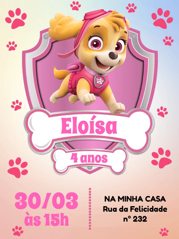 Convite Aniversário Patrulha Canina Skye para Editar Online