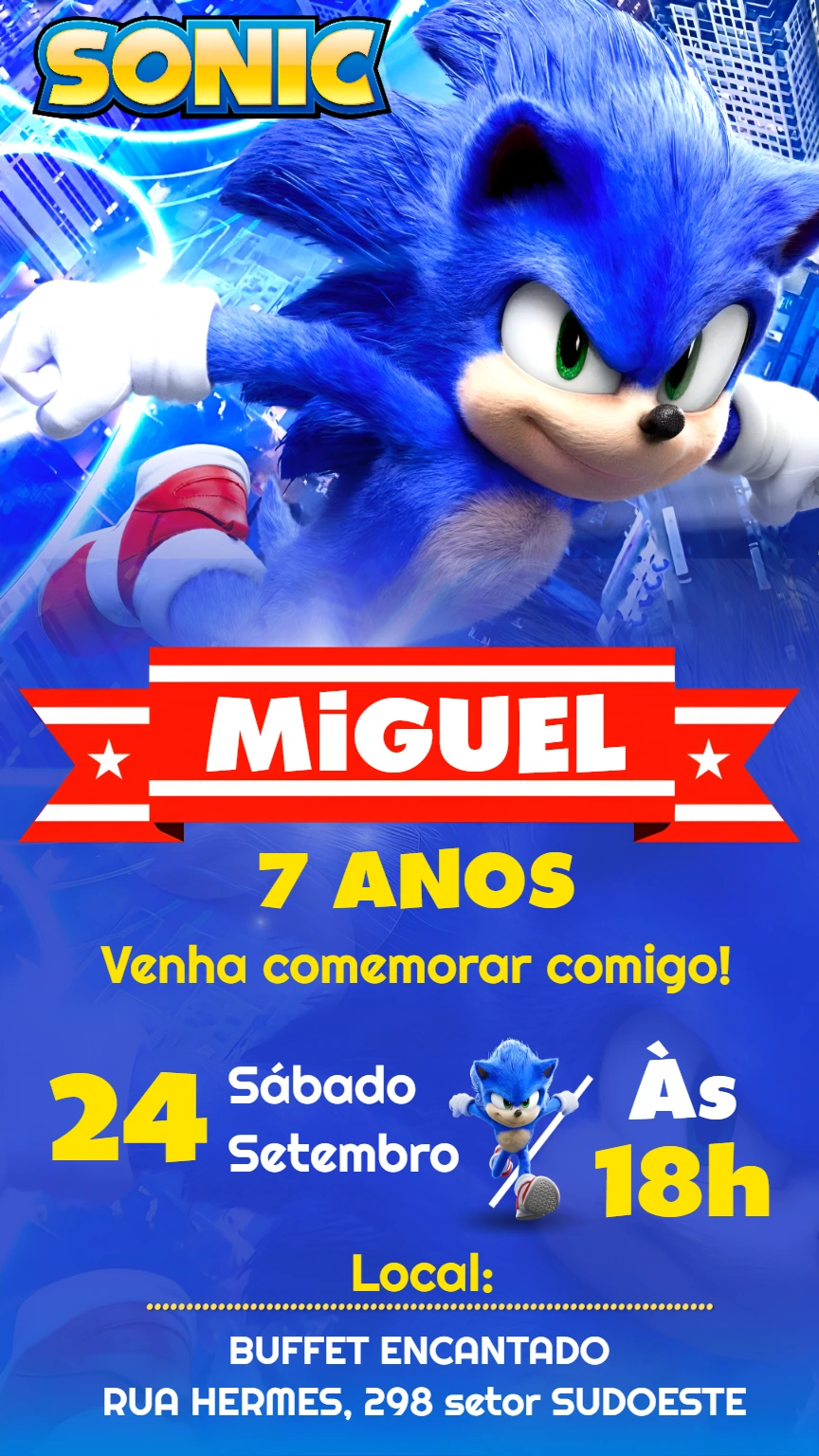 Convite de Aniversário Sonic para Editar Online e Imprimir