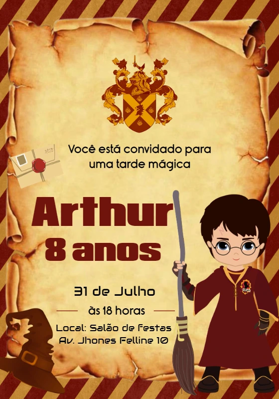 Convite Aniversário Harry Potter Editável com Personagens