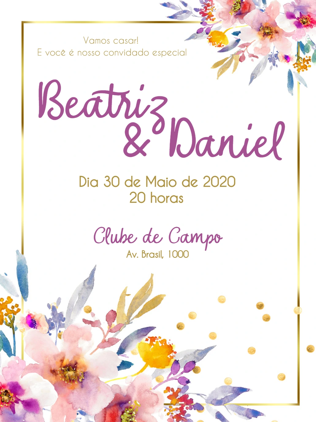 Convite de Casamento Floral Roxo e Dourado para Editar Online