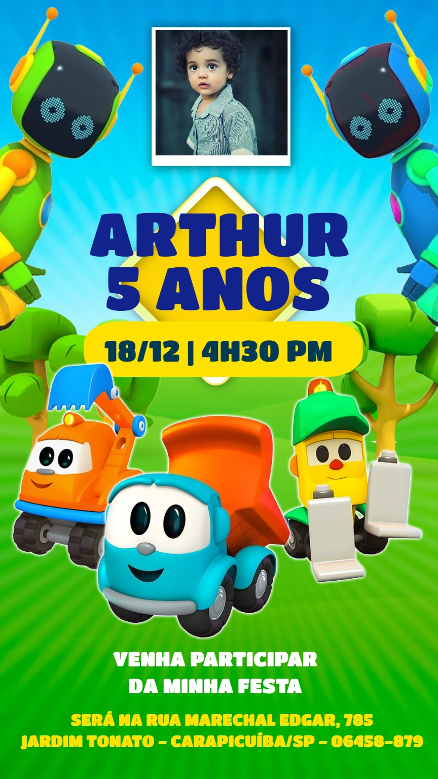 Convite de Aniversário Léo o Caminhão para Editar Online