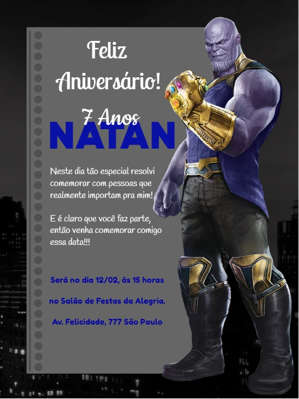 Convite de Aniversário Thanos para Editar Online