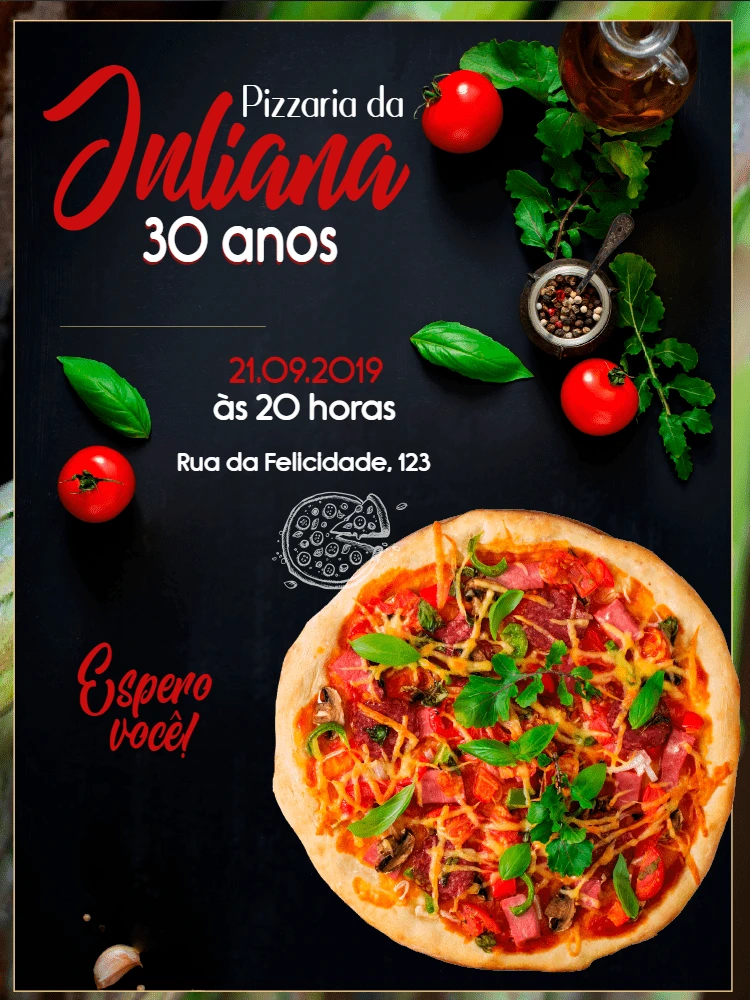 Convite de Aniversário Tema Pizza para Editar Online