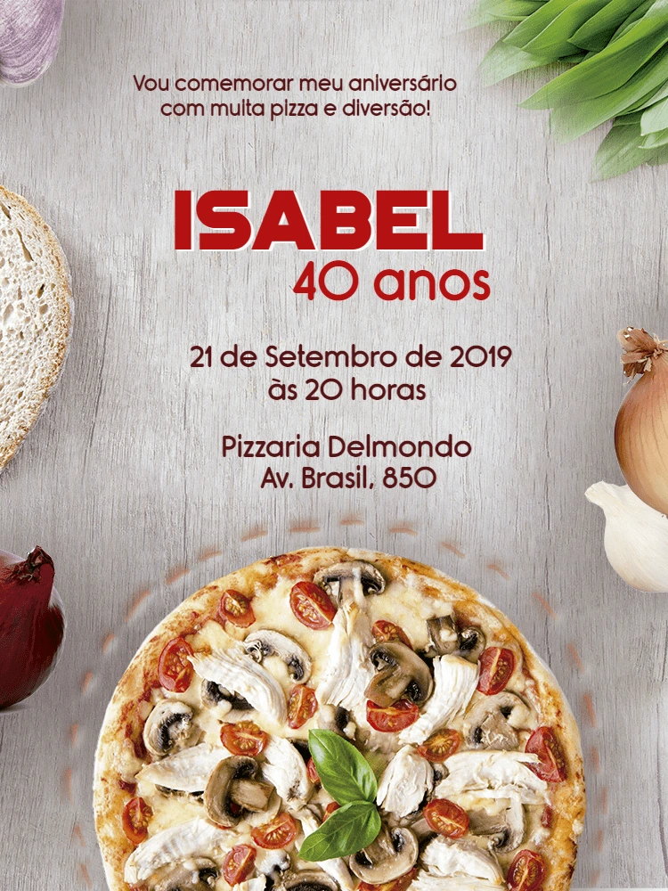Convite de Aniversário Tema Pizza para Editar Online