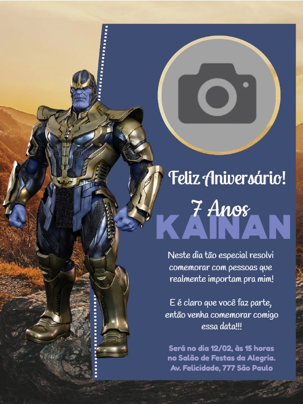 Convite de Aniversário Thanos com Foto para Editar Online